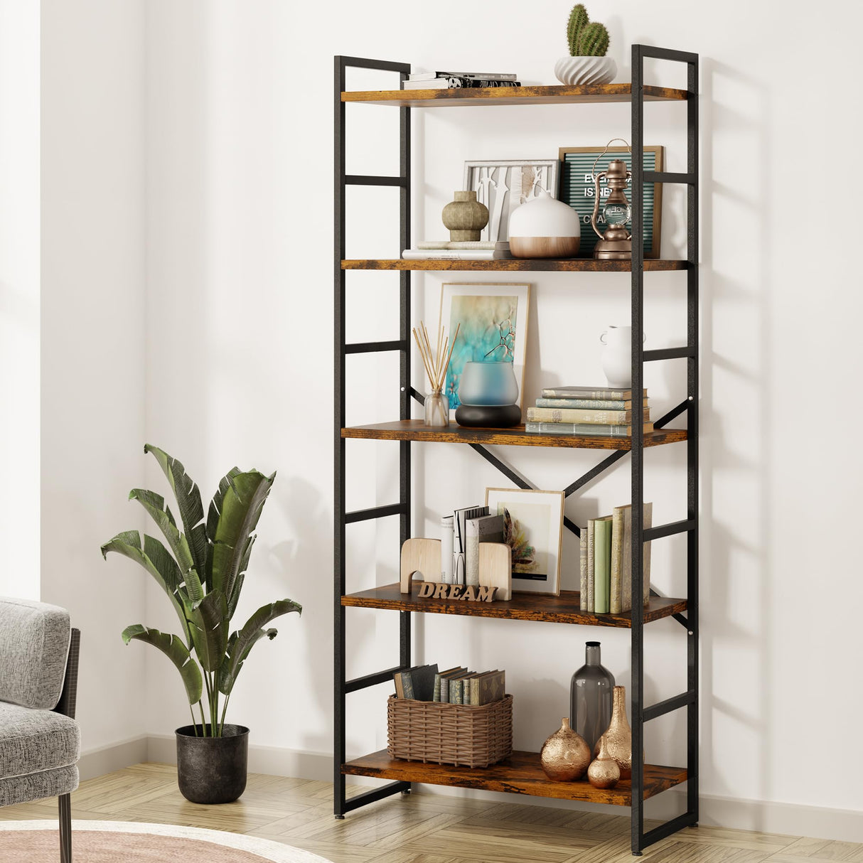 Bookshelf, 5 Tier Bookshelf, Tall Bookcase Shelf for CDs/Movies/Books, Home Office
