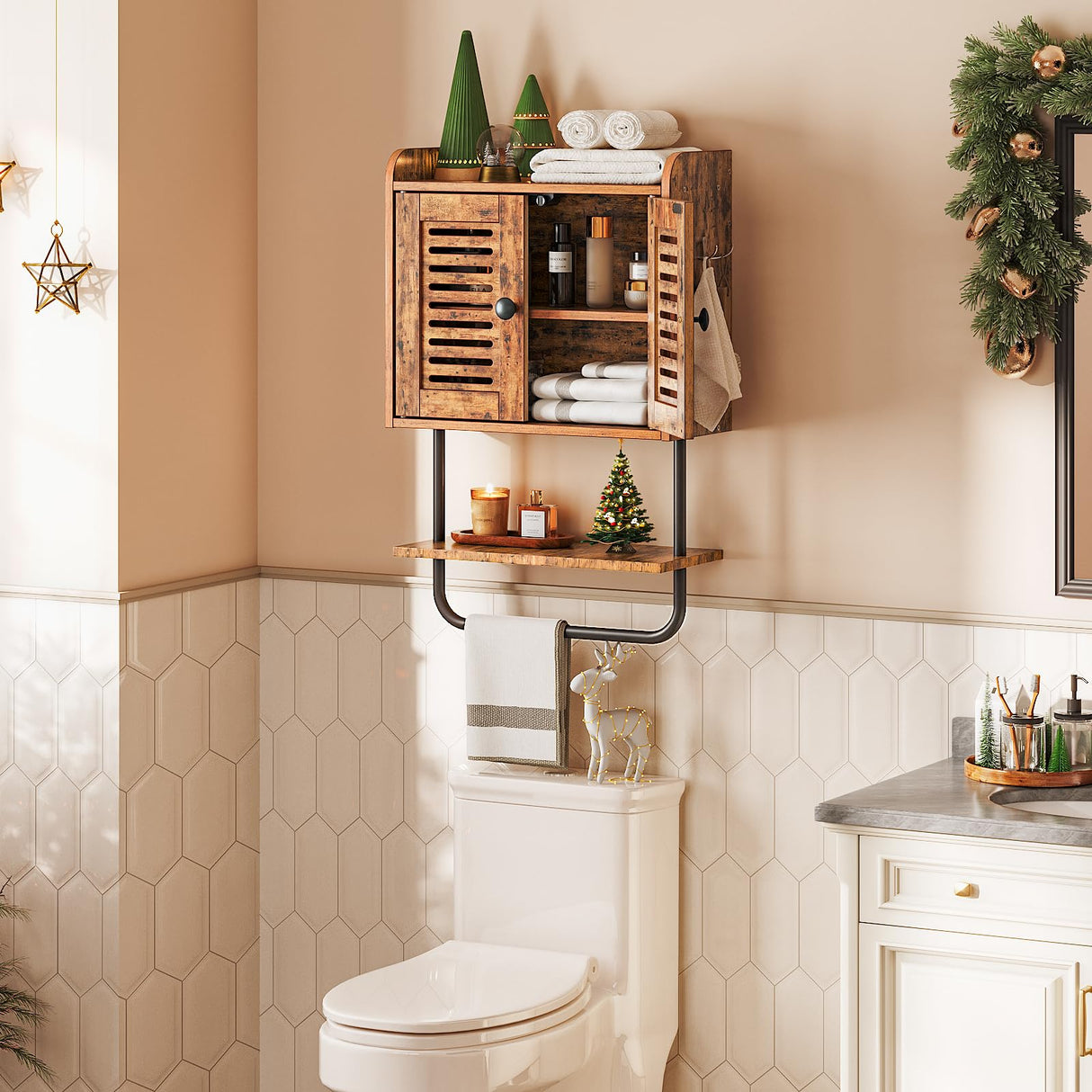 Medicine Cabinet, Double Doors Bathroom Wall Cabinet with Towel Bar