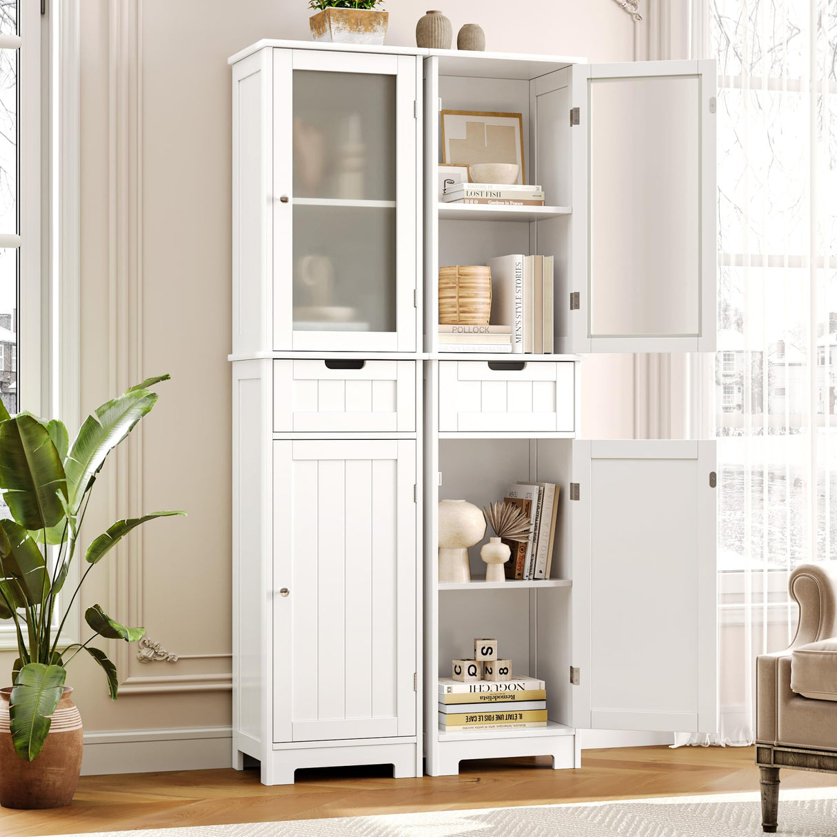 " Tall Bathroom Cabinet, Narrow Storage Cabinet, Freestanding Linen Cabinet with Doors