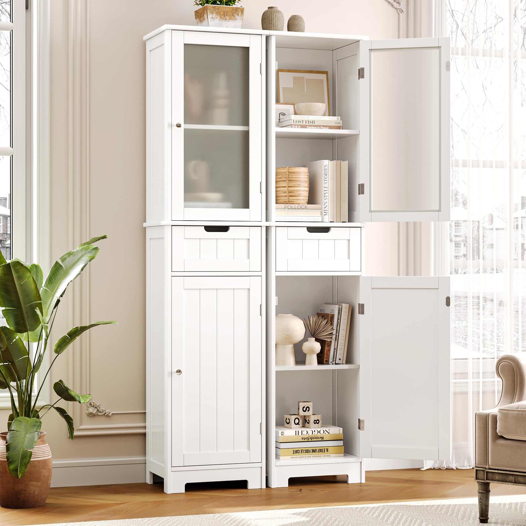 " Tall Bathroom Cabinet, Narrow Storage Cabinet, Freestanding Linen Cabinet with Doors