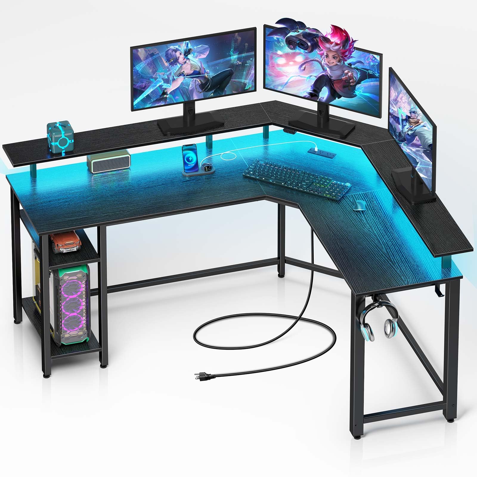 Rolanstar L Shaped Gaming Desk with LED Lights & Power Outlets, 46.2" Computer Desk with Full Monitor Stand & Storage Shelf, Corner Desk with Hooks, Black Desk Reversible