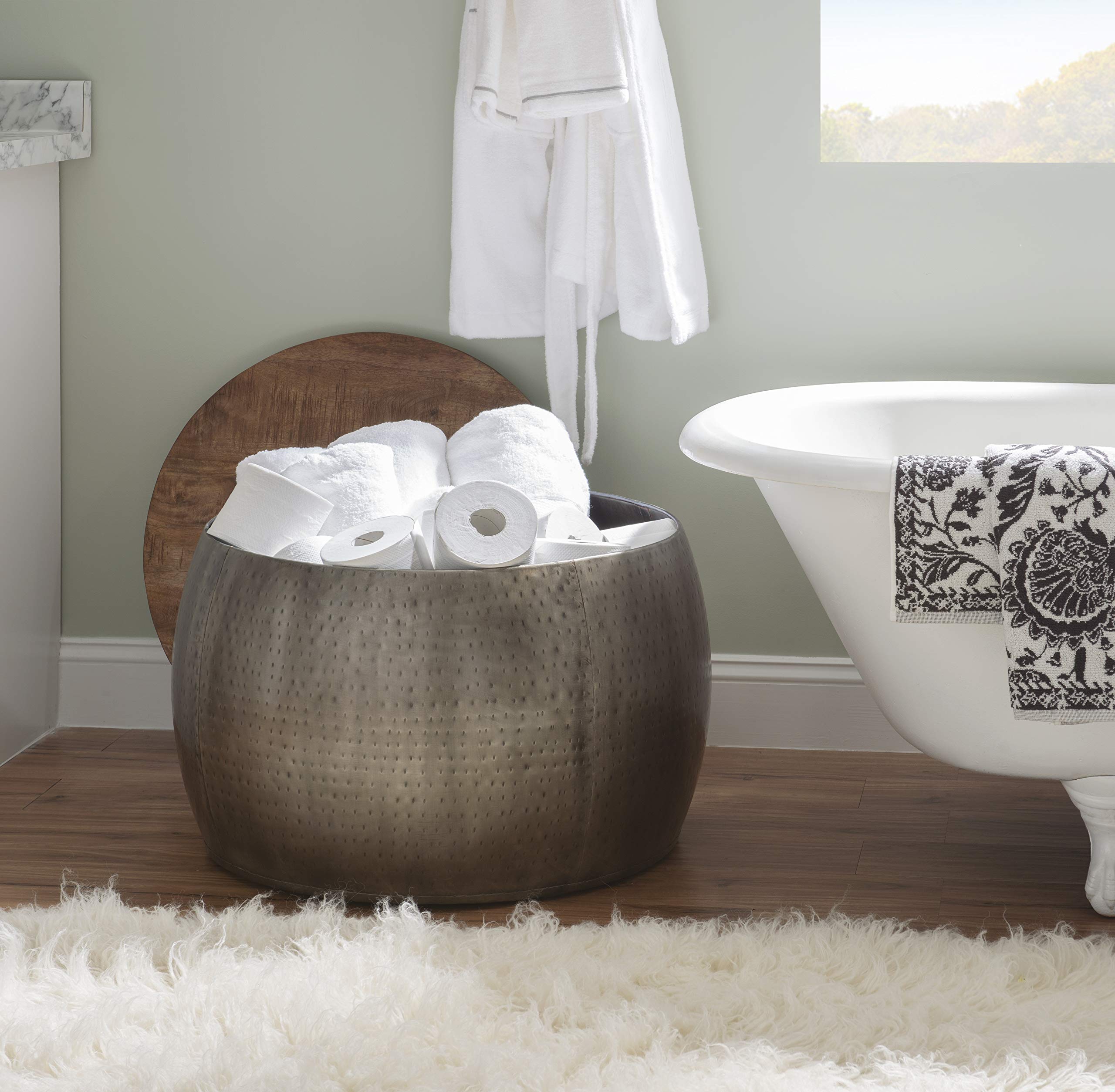 Hammered Silver Drum with Natural Wood Lift Top for Storage Janice Table