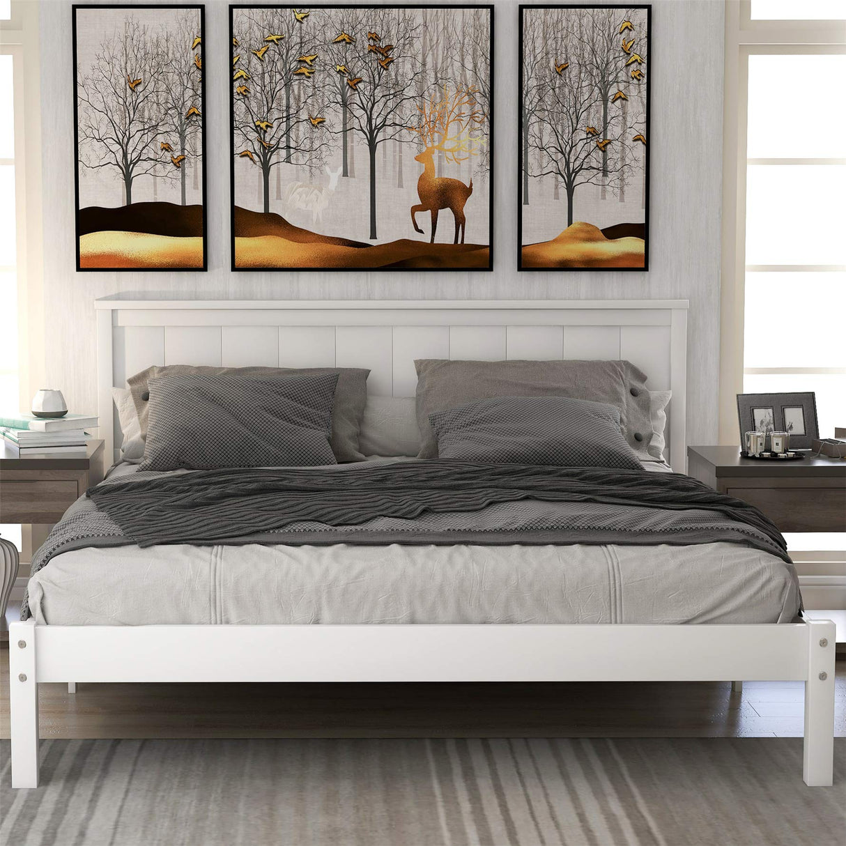 Queen Bed Frame with Headboard, Wood Queen Size Platform Frame