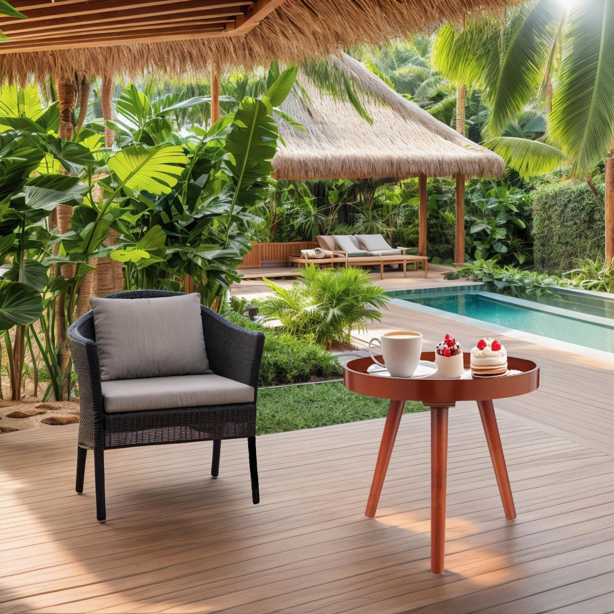 Small Round End Table, Side Tables for Patio, Mid Century Modern Rustic Accent Table with Solid Wood Legs, Reddish Brown Finish, Perfect for Bedroom, Living Room, Indoor Or Outdoor - Bircata