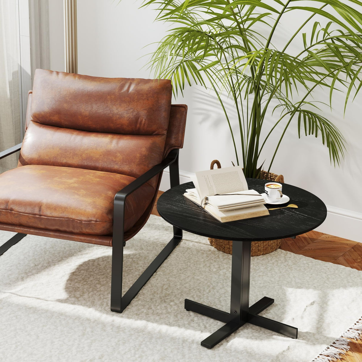 Black Round End Table, Wood Side Table for Living Room, Wooden Top and Metal Legs