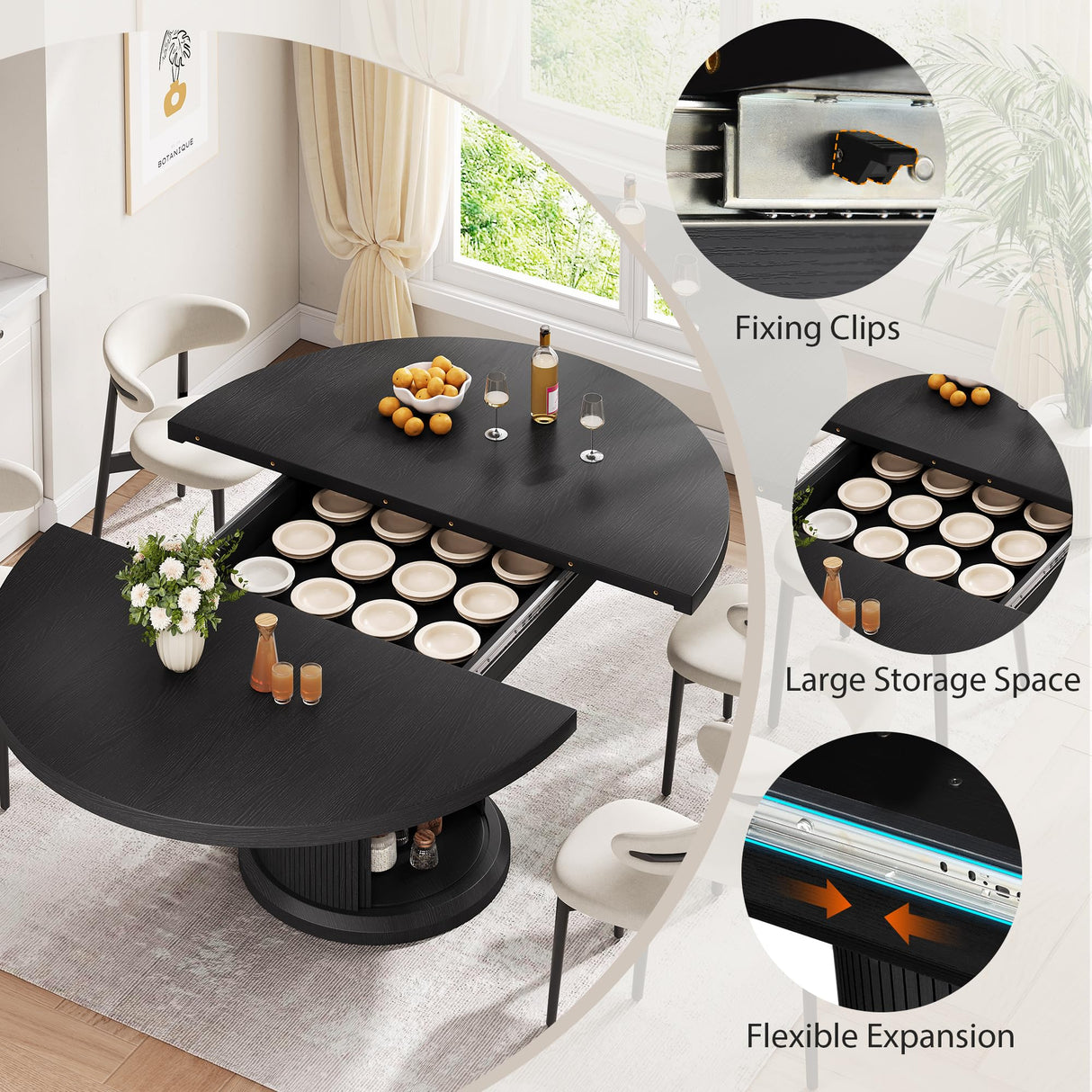 63" Extendable Round Dining Table for 4-6 with Storage Shelf
