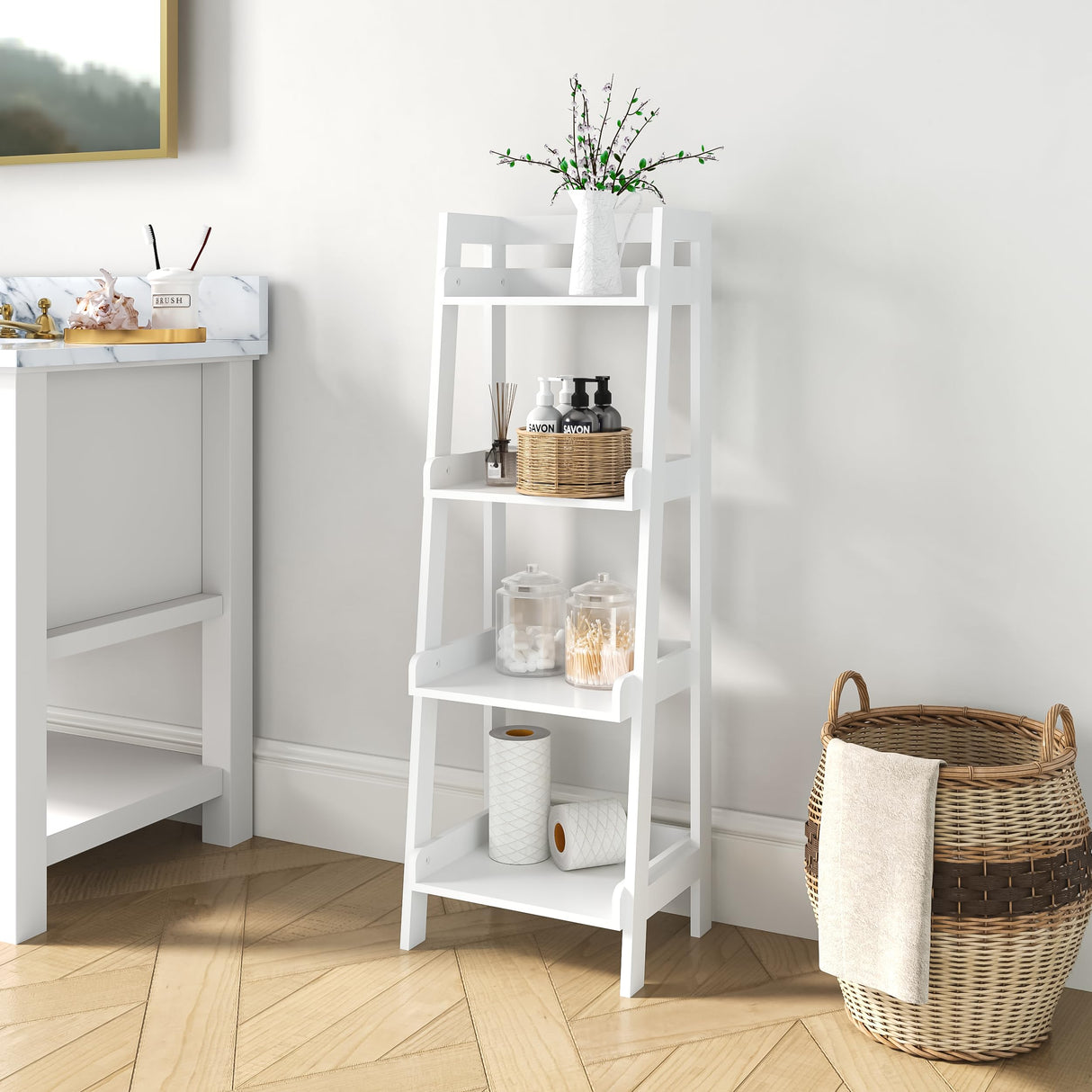 4-Tier Ladder Shelf, Bathroom Shelf Freestanding