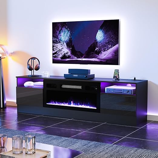 LED High Gloss TV Stand with Electric Fireplace - White