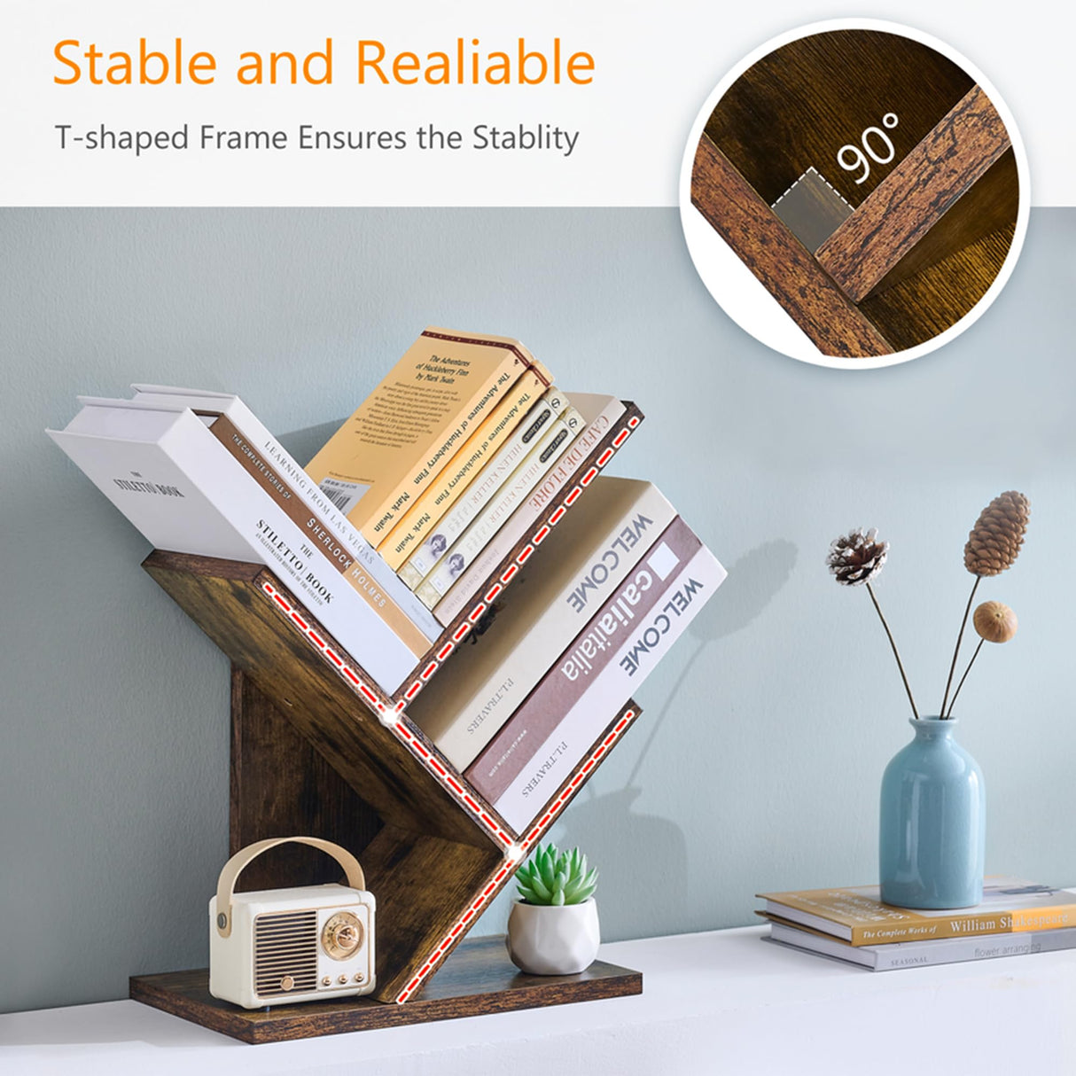 Tajsoon Tree Bookshelf 3 Tier Book Storage Organizer Shelves, Desktop Bookshelf Floor Standing Bookcase Display for CDs/Magazine/Books, Small Bookshelf for Bedroom, Living Room Office, Rustic Brown