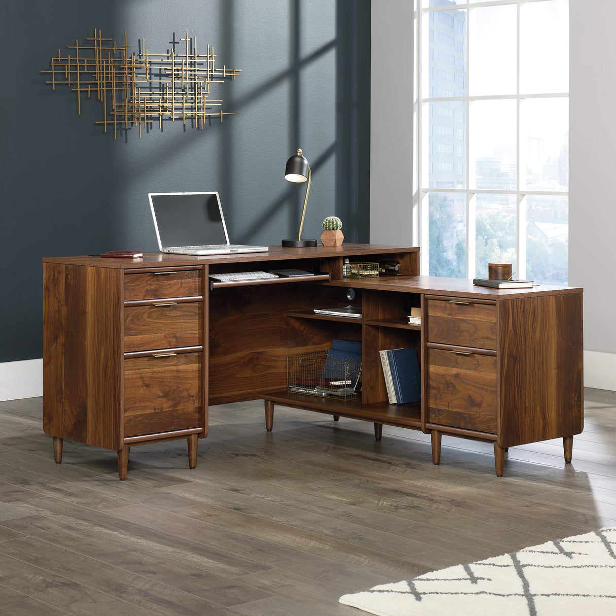 Place L-Desk, L: 59.06" x W: 53.54" x H: 30.2", in Grand Walnut finish