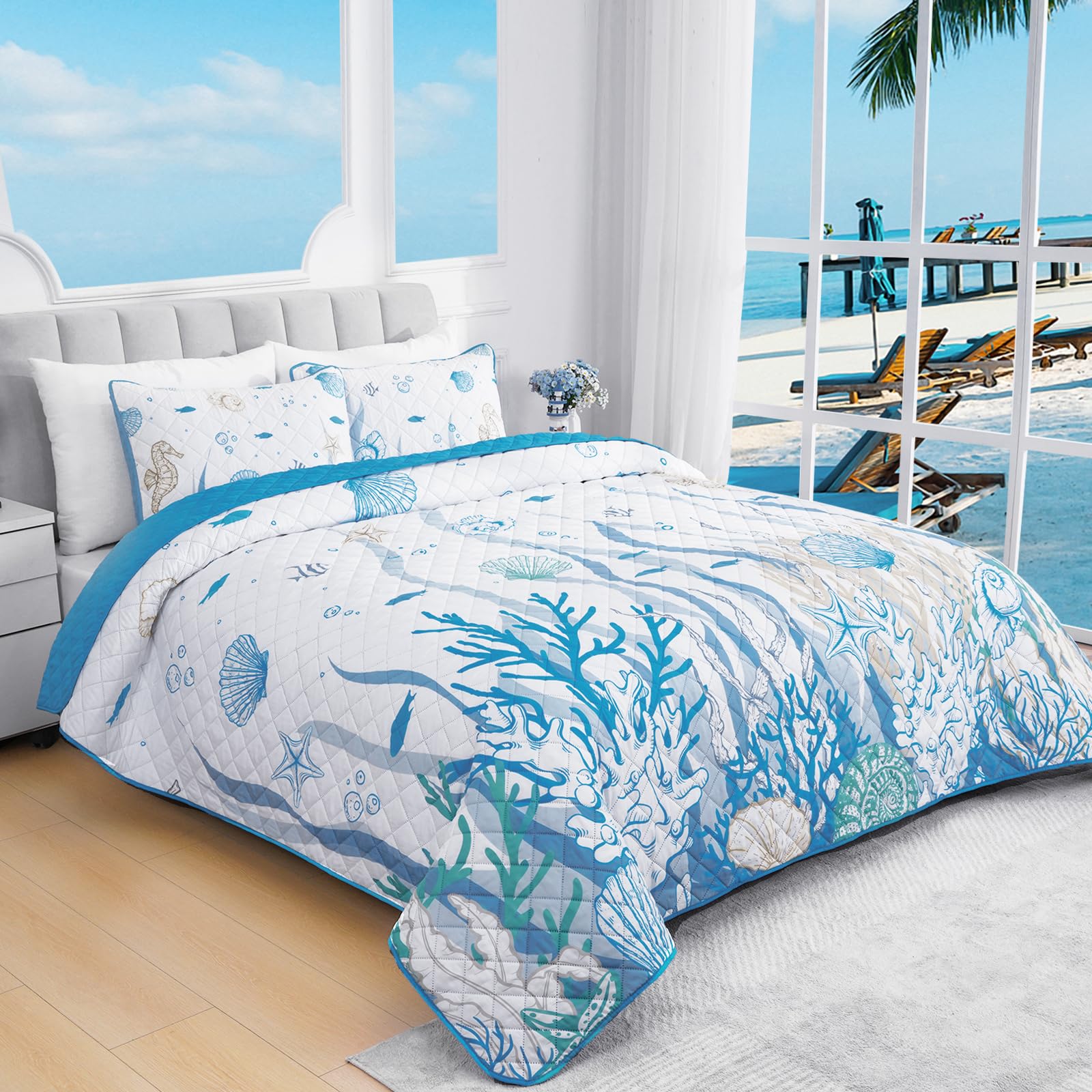 Coastal Quilt, Summer Beach 3 Piece Quilt Sets King Size with 2 Pillowcases