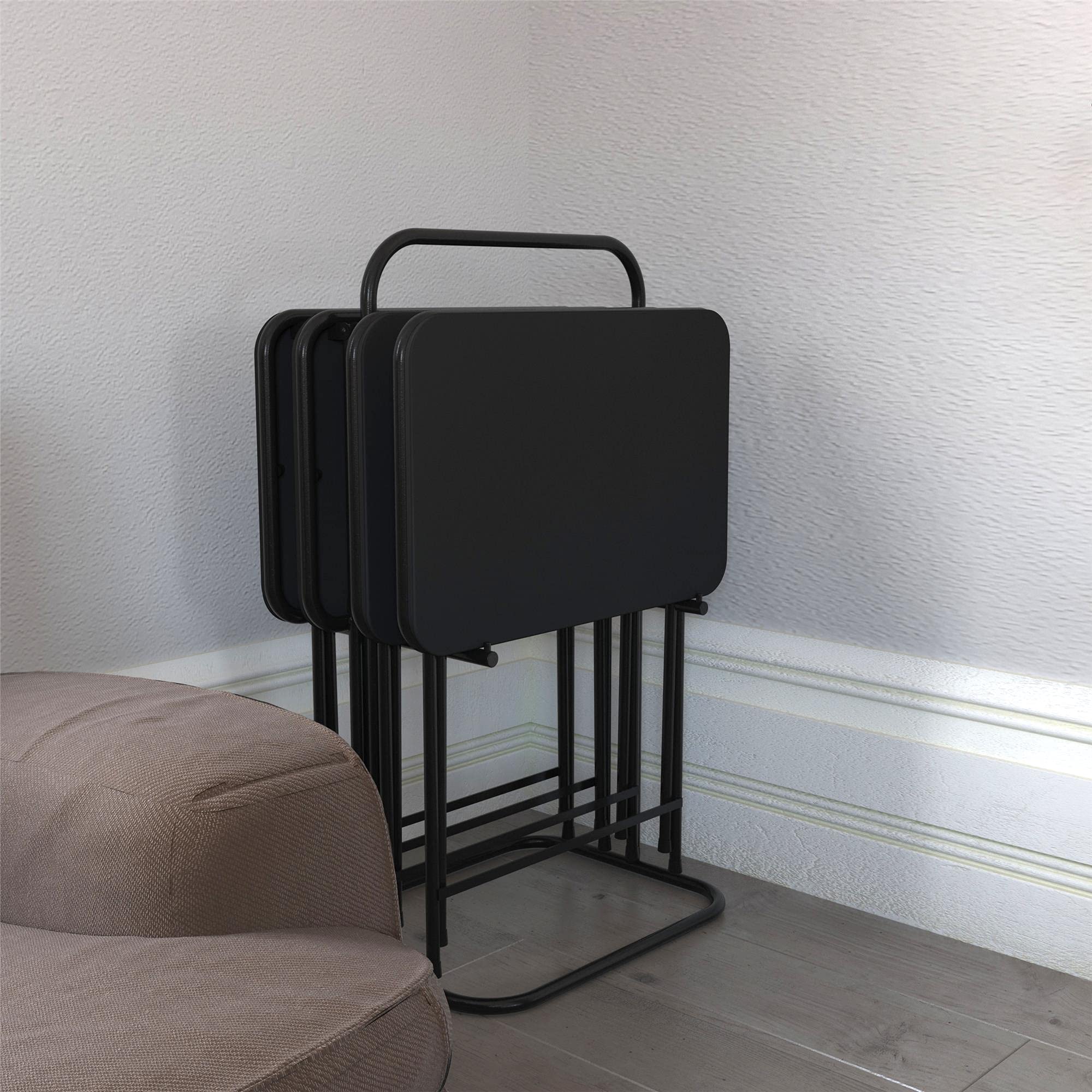 CoscoProducts 5-Piece Folding Vinyl Top TV Tray Set with Storage Rack