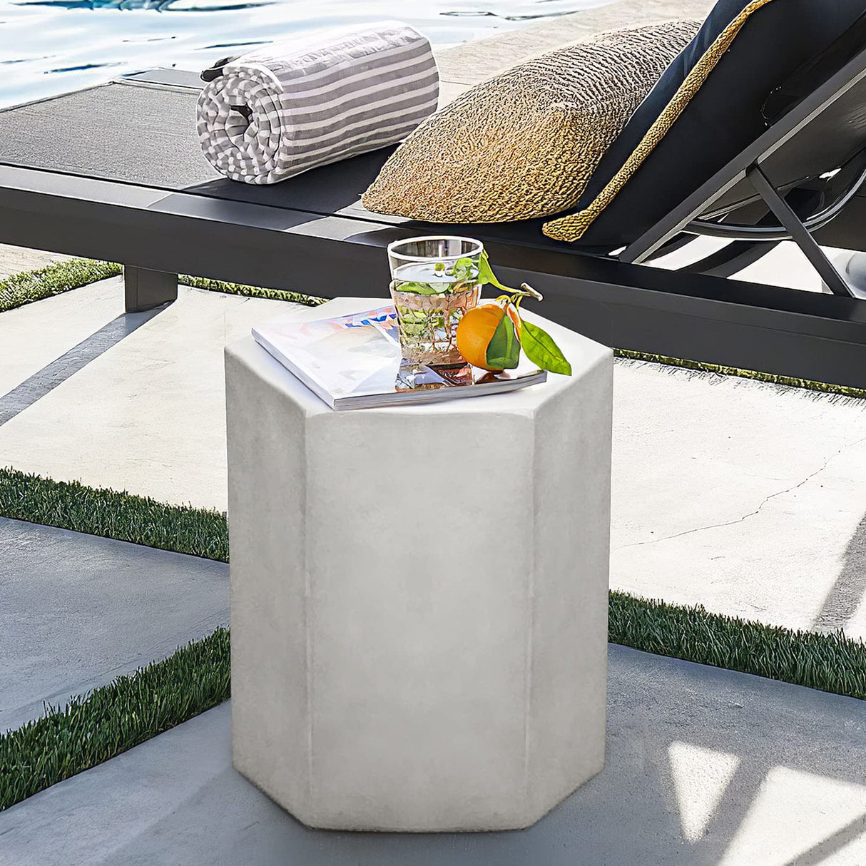 Concrete Accent Table, Hexagon Patio Side Table 14.5''Wx16''H