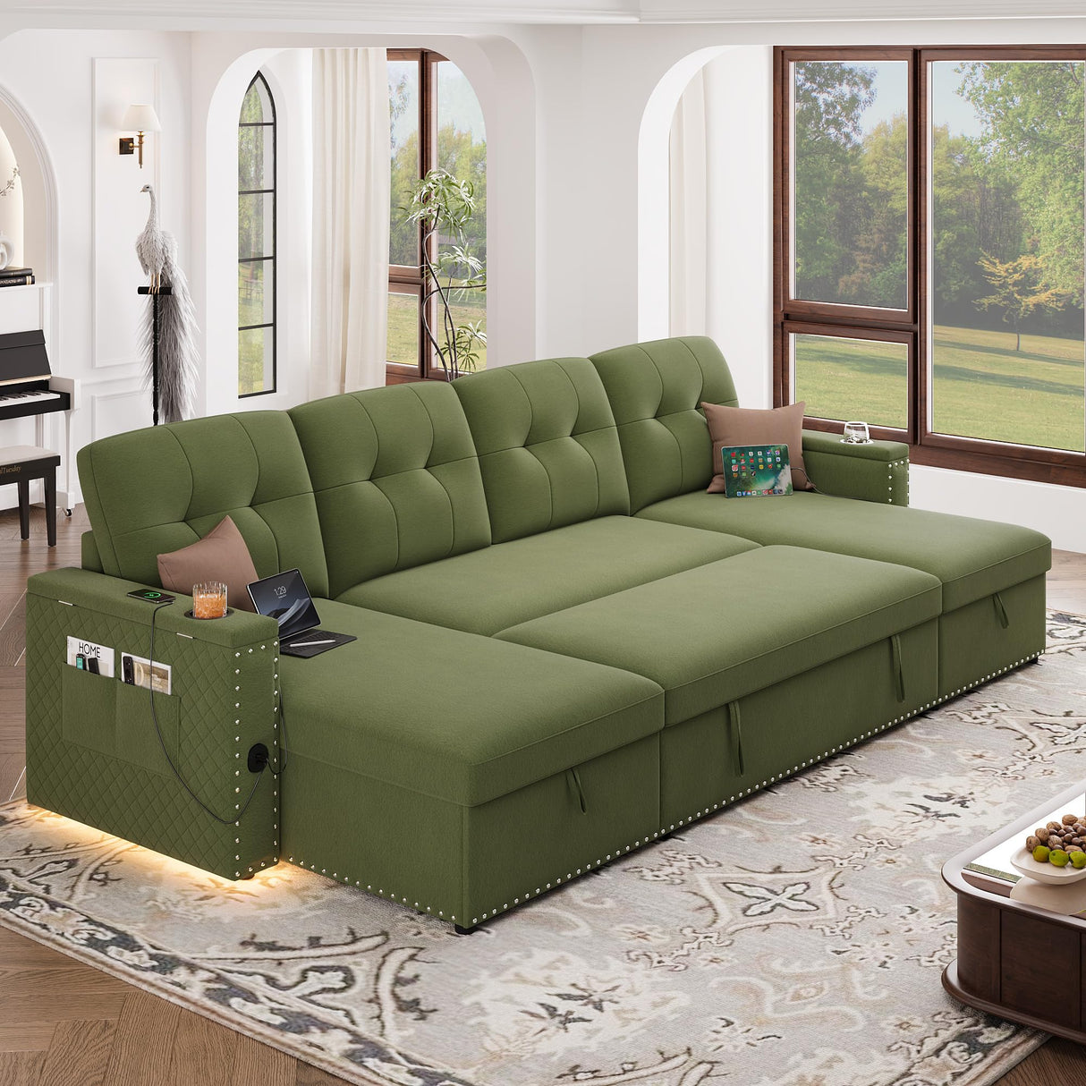 112" U-Shaped Pull-Out Sleeper Sofa with LED, USB, Storage – Green