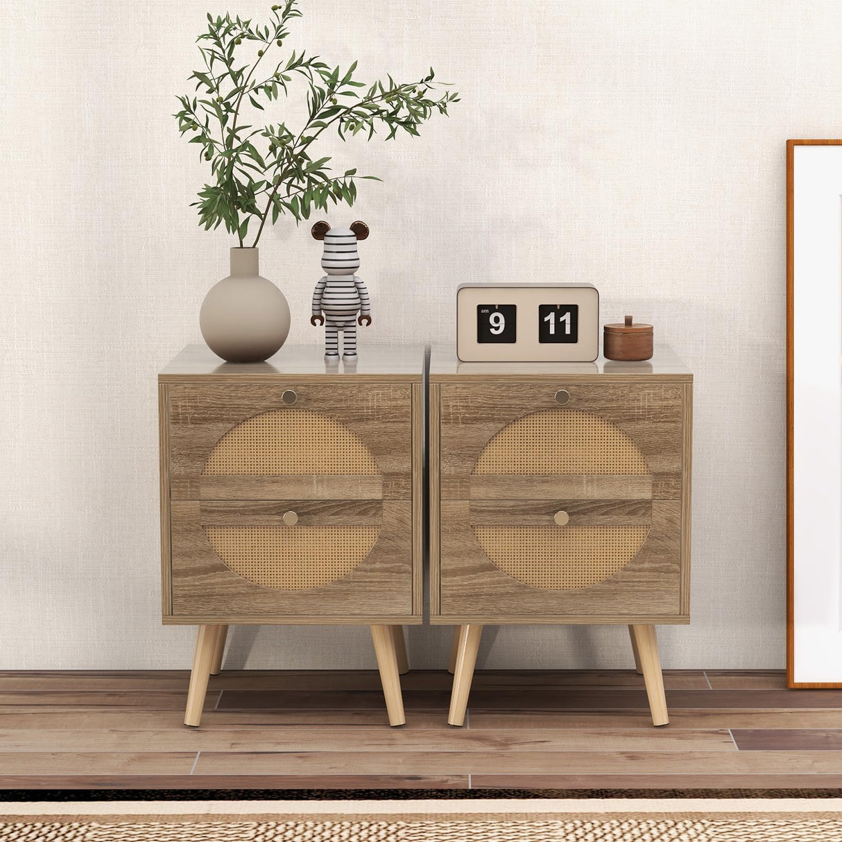Rattan Nightstand Set of 2, Boho Bedside Tables