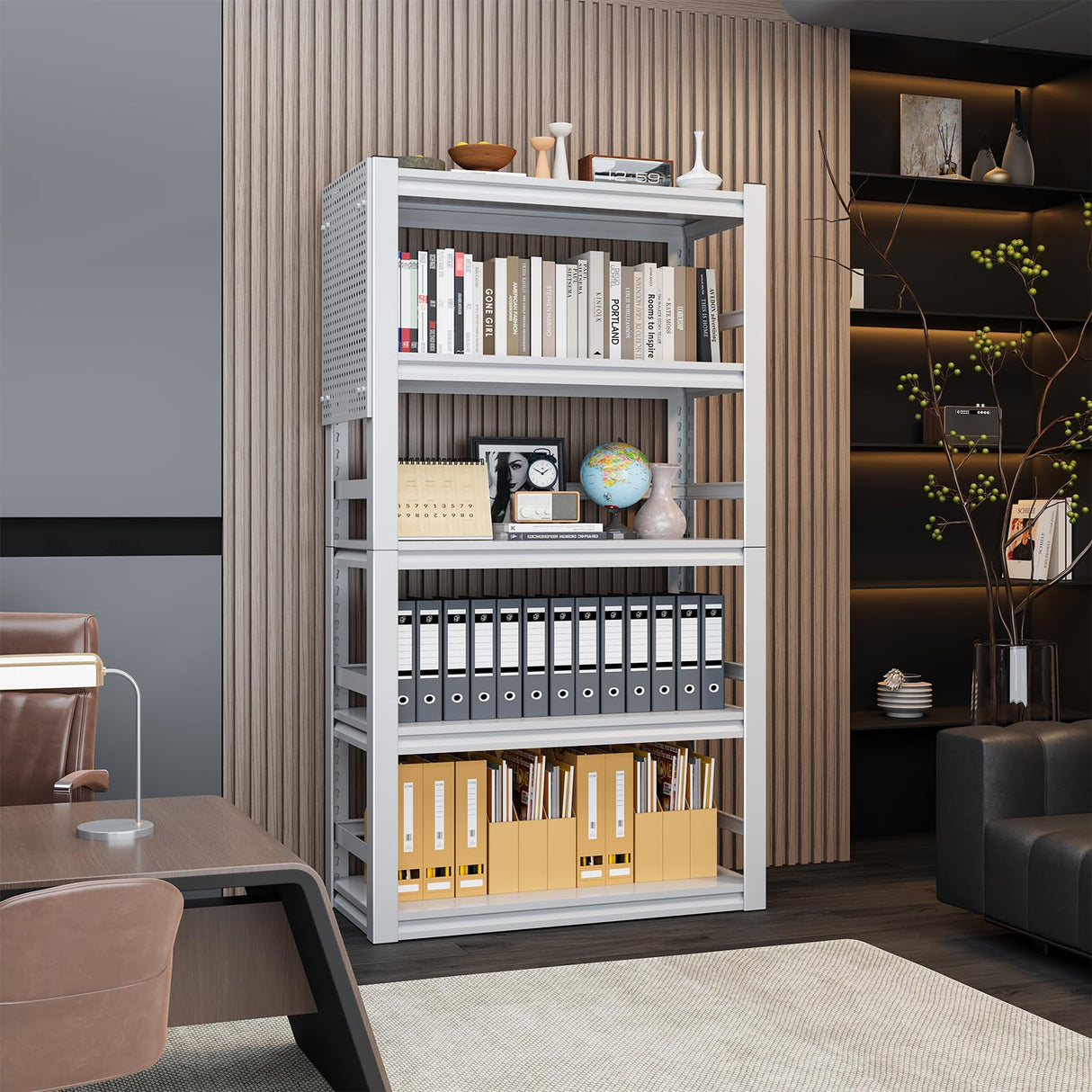 ZONLESON 63" Heavy Duty Bookshelf Metal Bookcase with Pegboard Bookend and Fence 5 Tier Adjustable Bookshelves for Home Office and Study,White