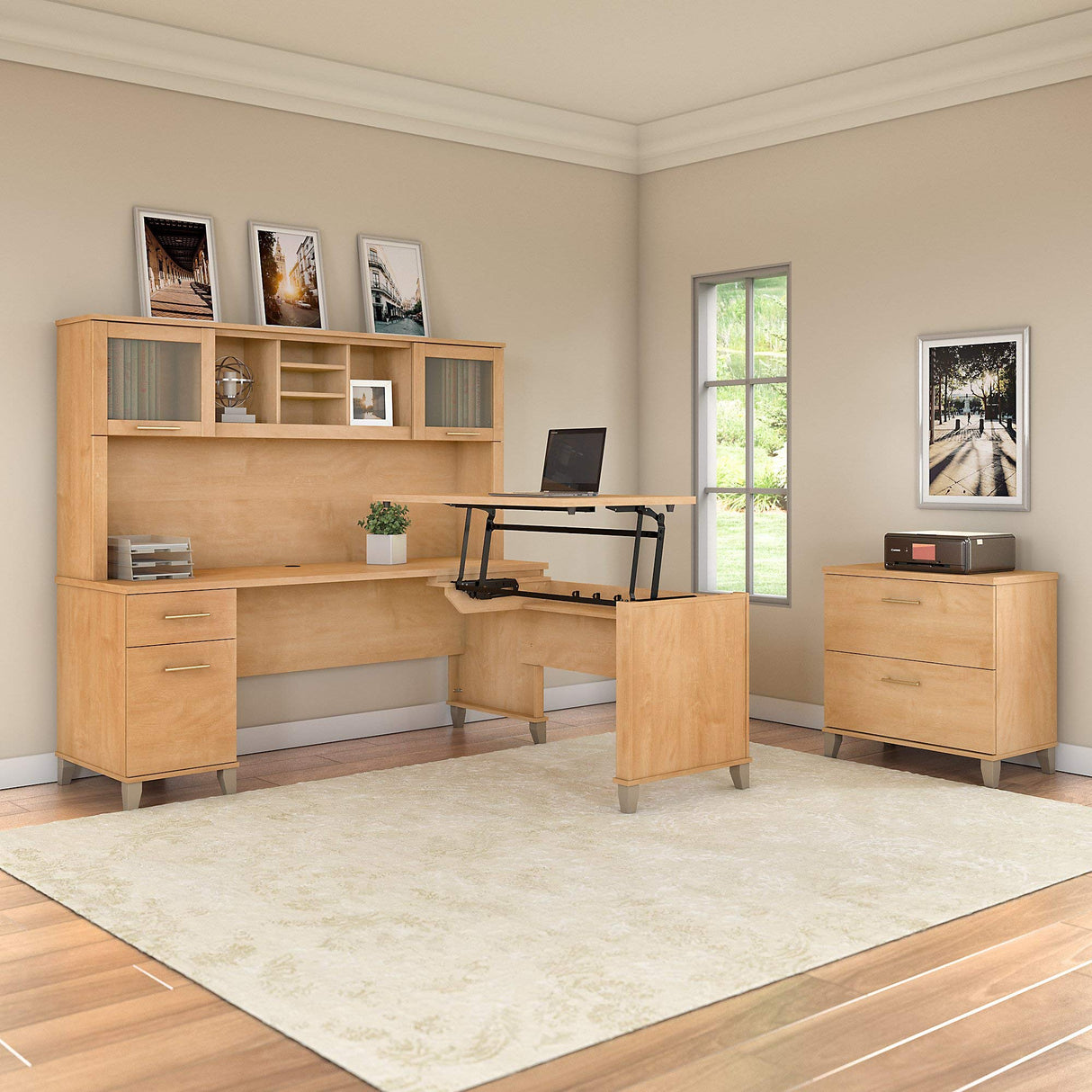 Somerset 72W 3 Position Sit to Stand L Shaped Desk with Hutch and File Cabinet in Maple Cross