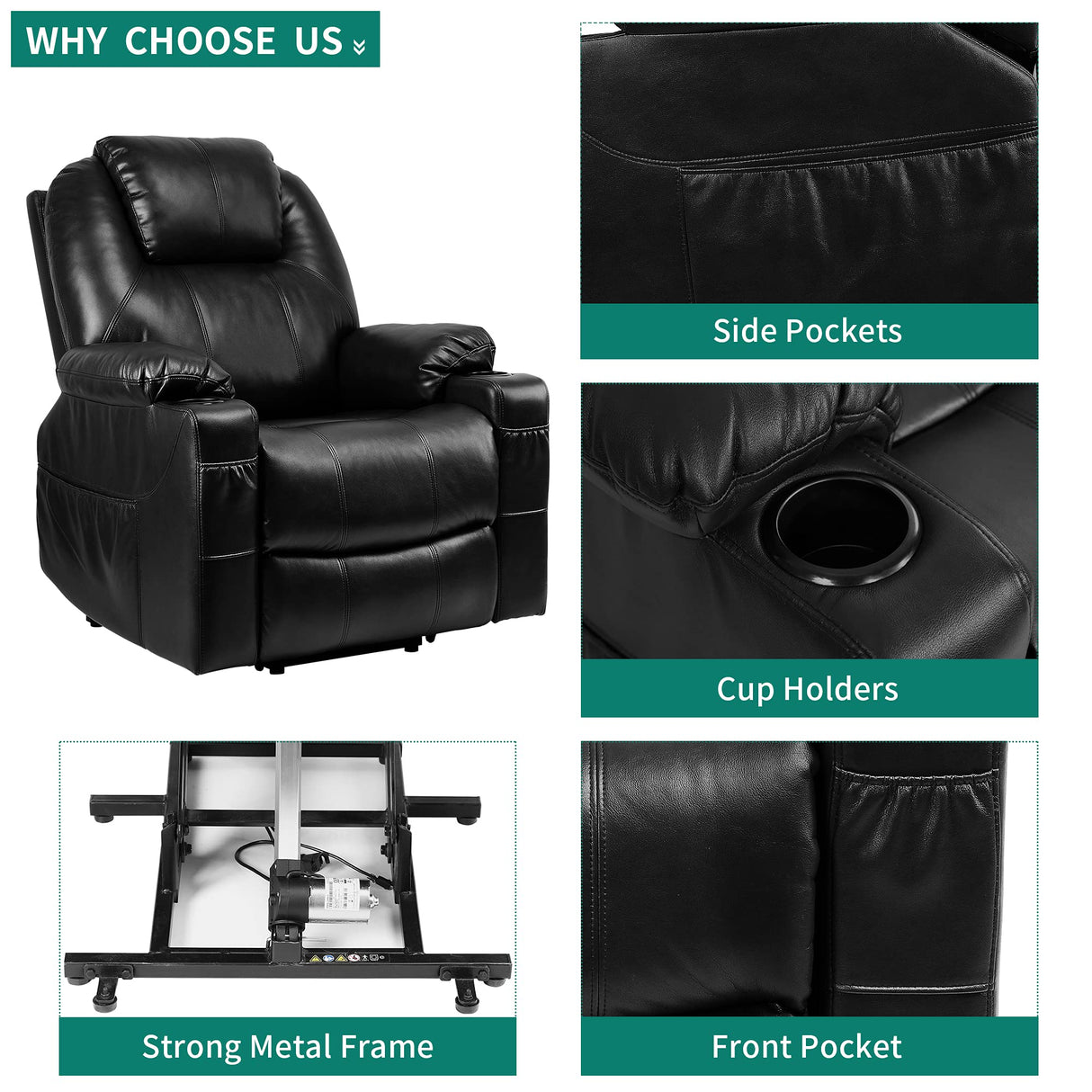 EaseMax Power Lift Recliner – Massage, Heating, USB, Faux Leather