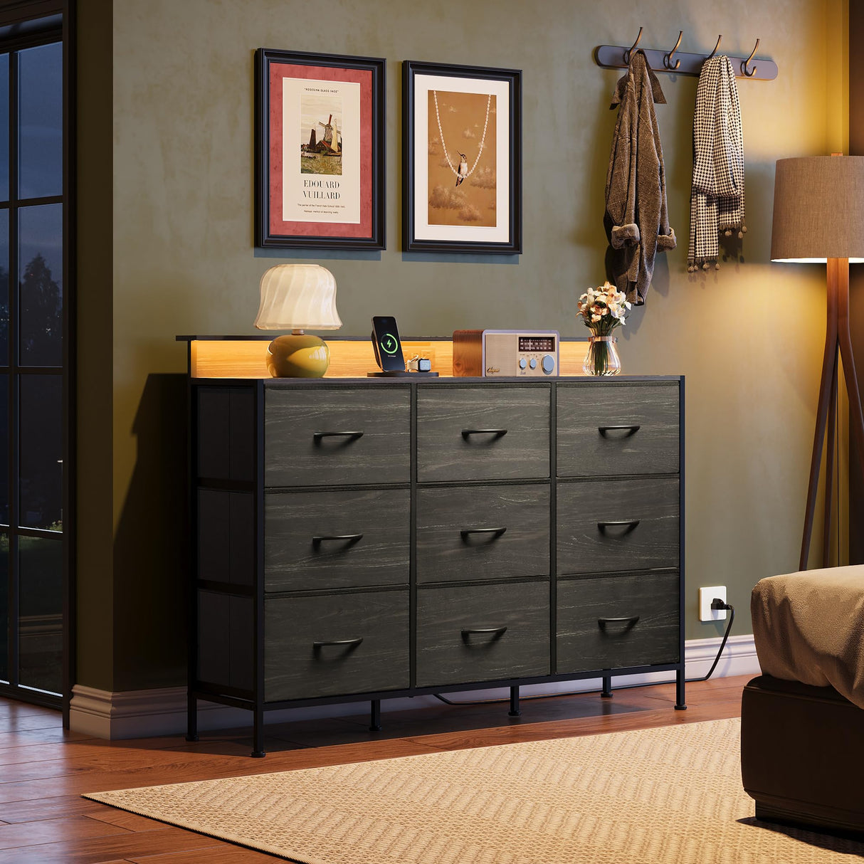 WLIVE Black Dresser TV Stand for 50, 55 inch, Led Dresser for Bedroom, Chest of Drawers with LED Lights, Charging Station, Clothes Storage with 9 Drawers, Wood Top, Living Room, Closet