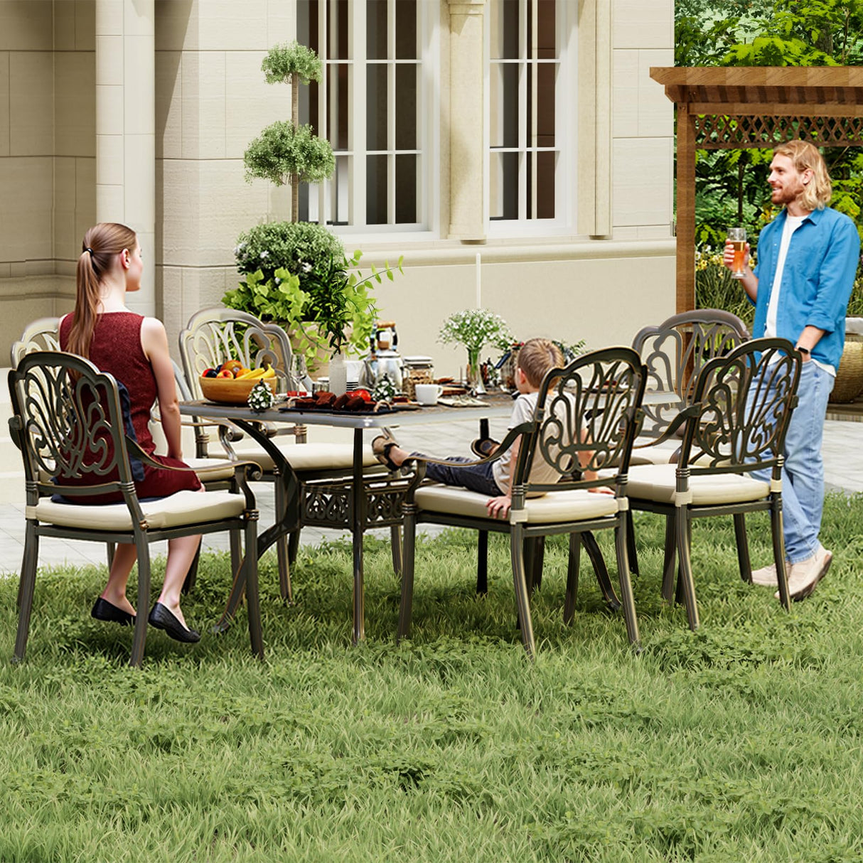 Aluminum Outdoor Dining Set of 6, Retro Patio Dining Table Set with 6 Chairs