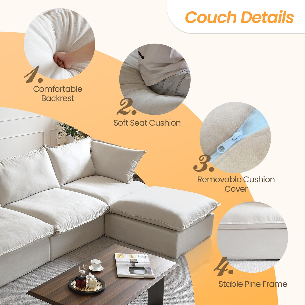 JACH U Shape Couch Sectional for Living Room, Convertible Sectional Sofa, Modern Deep Seat Cloud Couch, Modular Sectional Couch with Ottomans for Living Room, Office, Apartment (6-Seat, Beige)