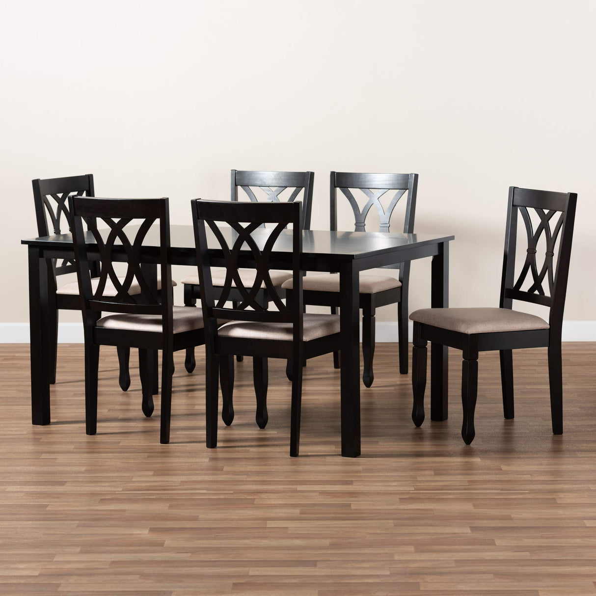 a Dining Set and Dining Set Sand Fabric Upholstered Espresso Brown Finished Wood