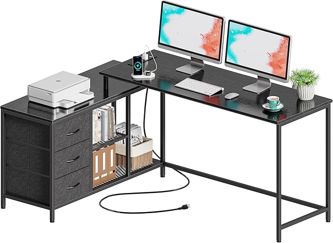 L Shaped Desk with Power Outlets, Computer Desk with Drawers & Shelves