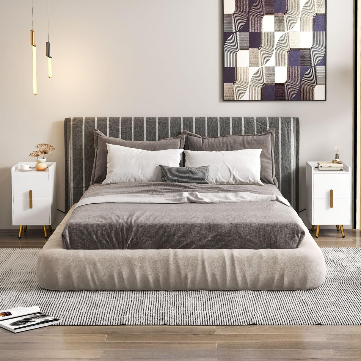 Nightstand with Charging Station, Narrow End Table with 2 Drawers & Metal