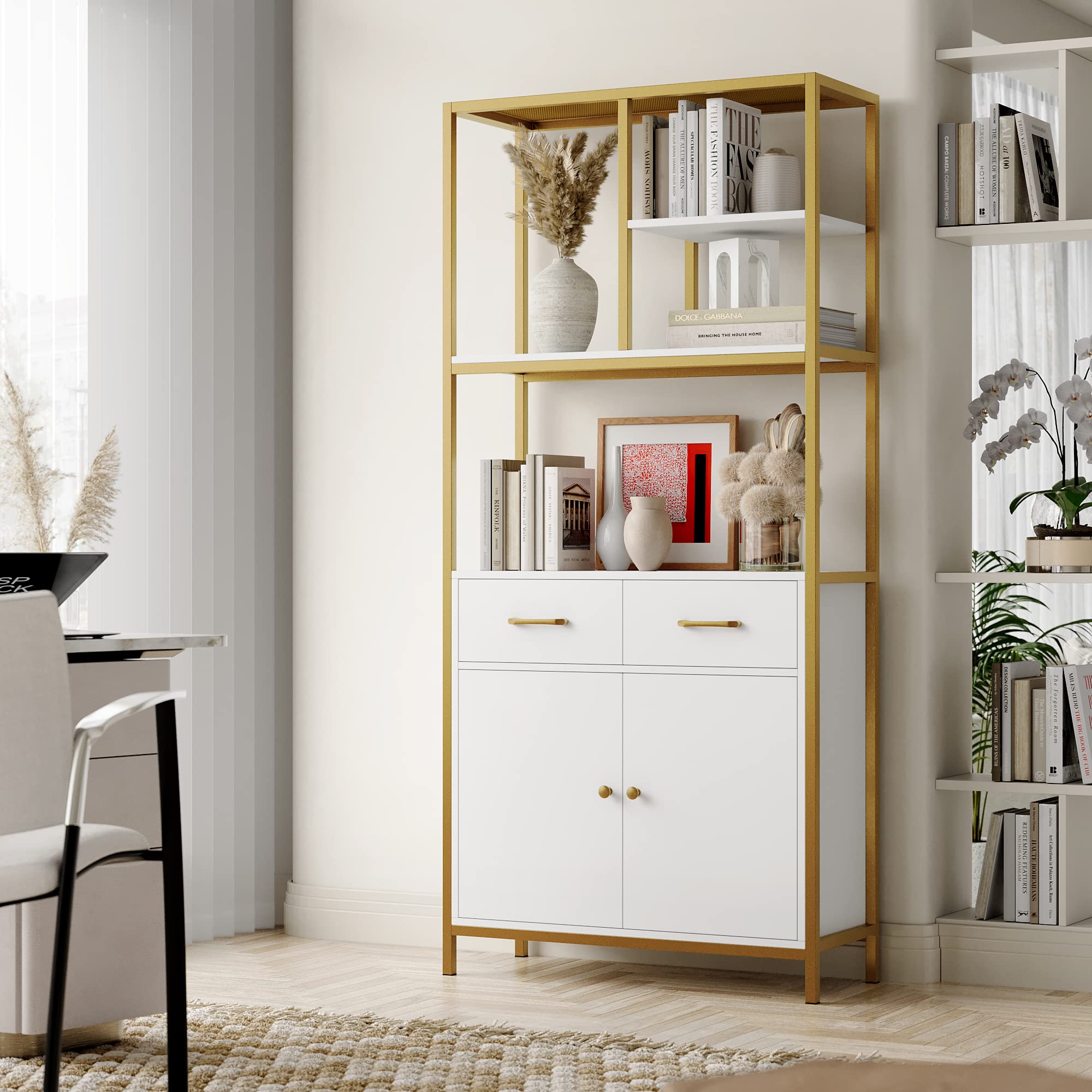 all Bookshelf, Modern White and Gold Bookcase, Book Shelves with Drawers and Storage Cabinet, Metal Etagere Bookcase Display Shelves for Home Office, Gold/White
