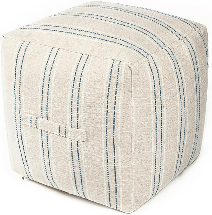Farmhouse Pouf Cover for Living Room, Boho Storage Bean Bag Cubes, Beige with Gray