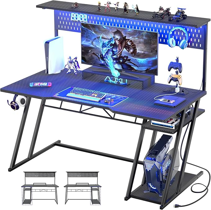 Gaming Computer Desk with Shelves and Outlets, Gaming Desk with Hutch and LED Lights