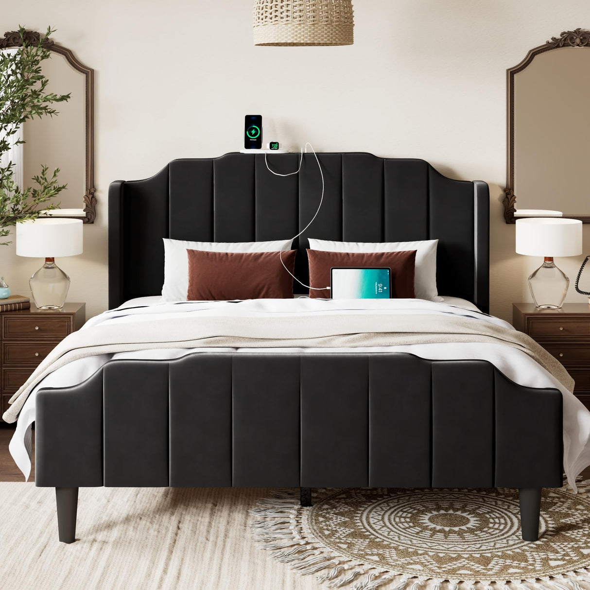 Vintage Full Size Velvet Platform Bed Frame with Tufted Wingback Headboard