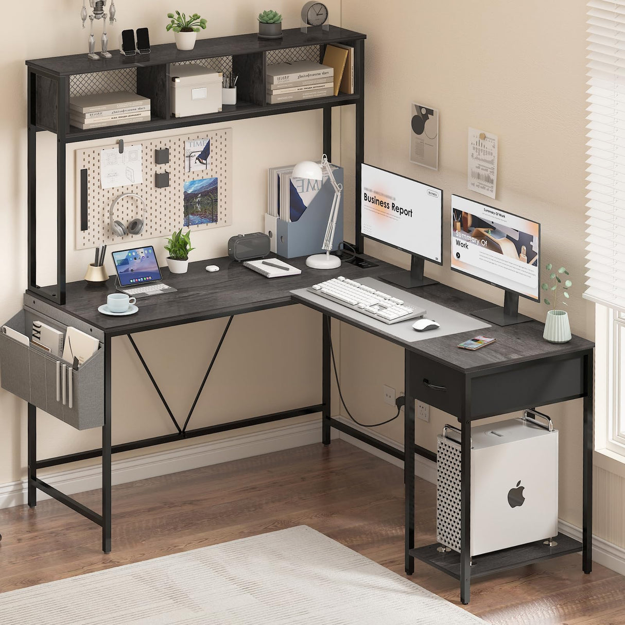 Shaped Desk Gaming Desk with LED Strip & Power Outlet, Reversible L-Shaped Computer