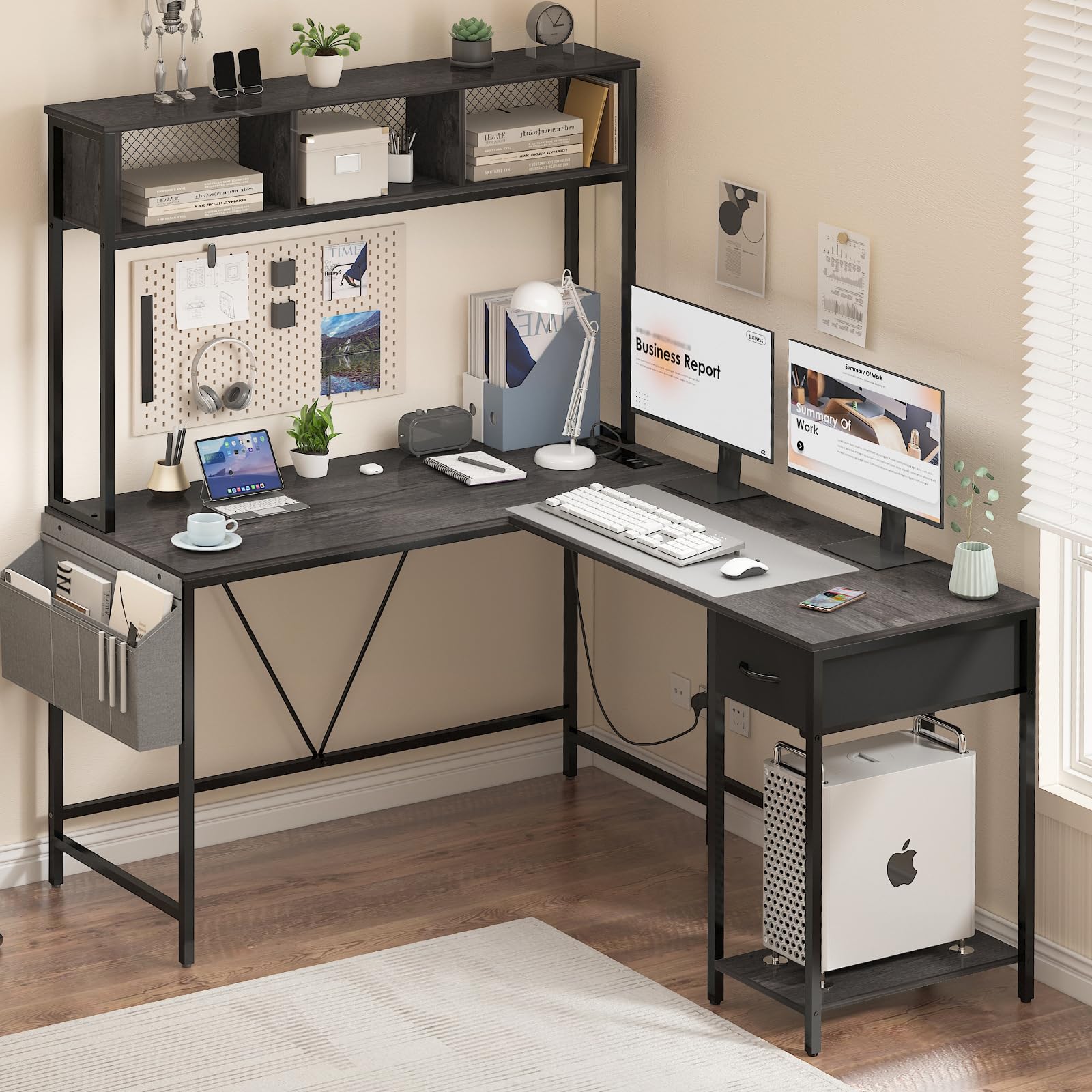 Shaped Desk Gaming Desk with LED Strip & Power Outlet, Reversible L-Shaped Computer