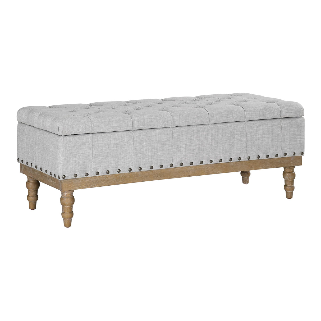 Landis Button Tufted Padded Top Storage Bench with Brushed Legs, Dove Grey Fabric