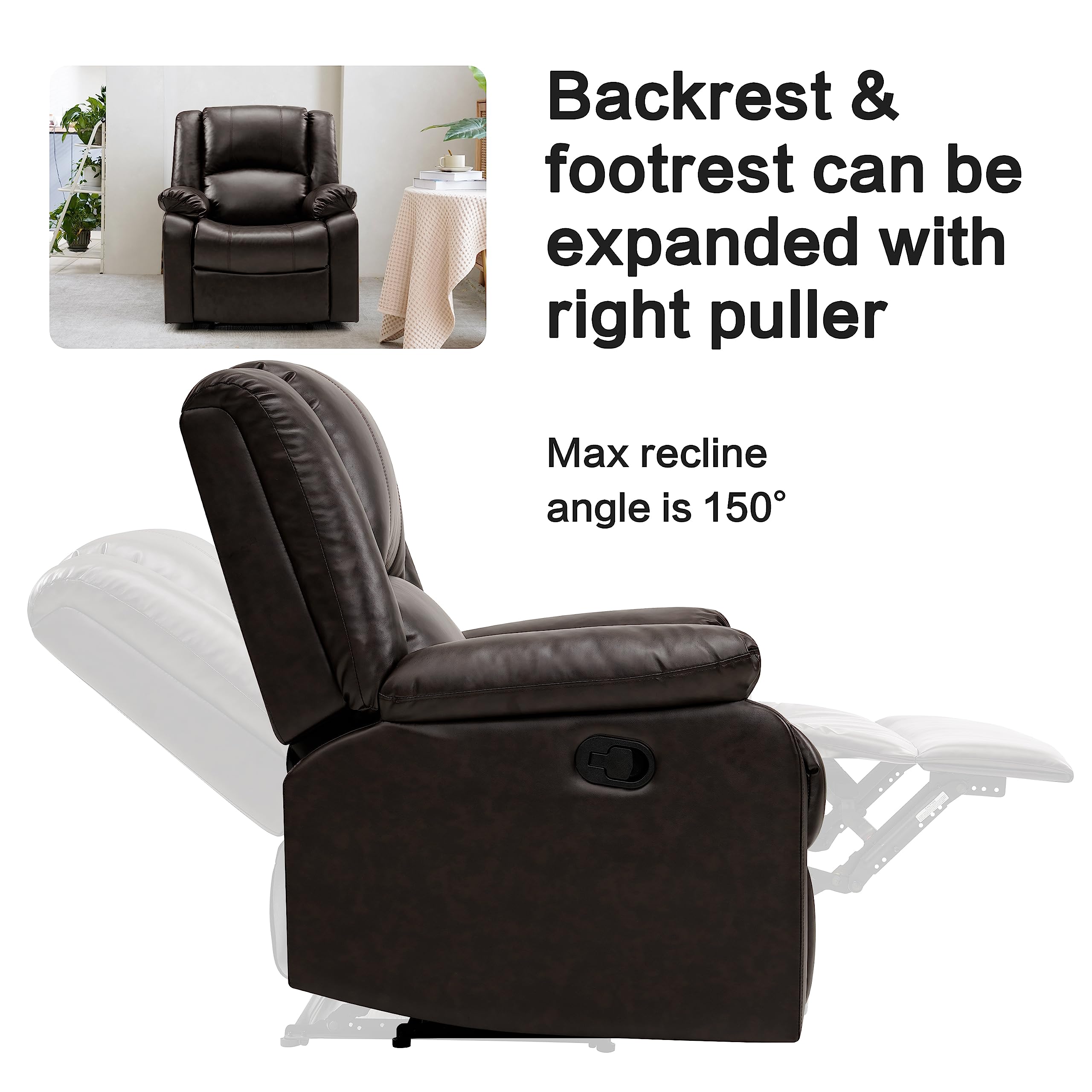 CloudNest Bonded Leather Recliner Chair – Plush Cushion, Pull Ring Recline