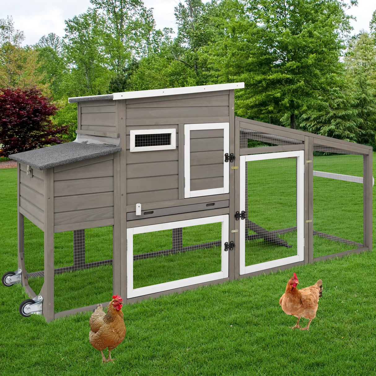 78" L Chicken Coop with Wheels Large Chicken House with Run Backyard Wooden Hen