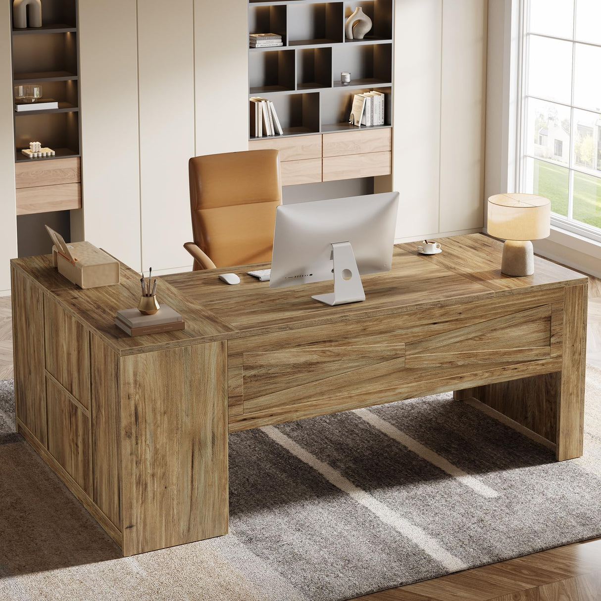 70.8" L-Shaped Executive Desk, Large Office Computer Table with File Cabinet