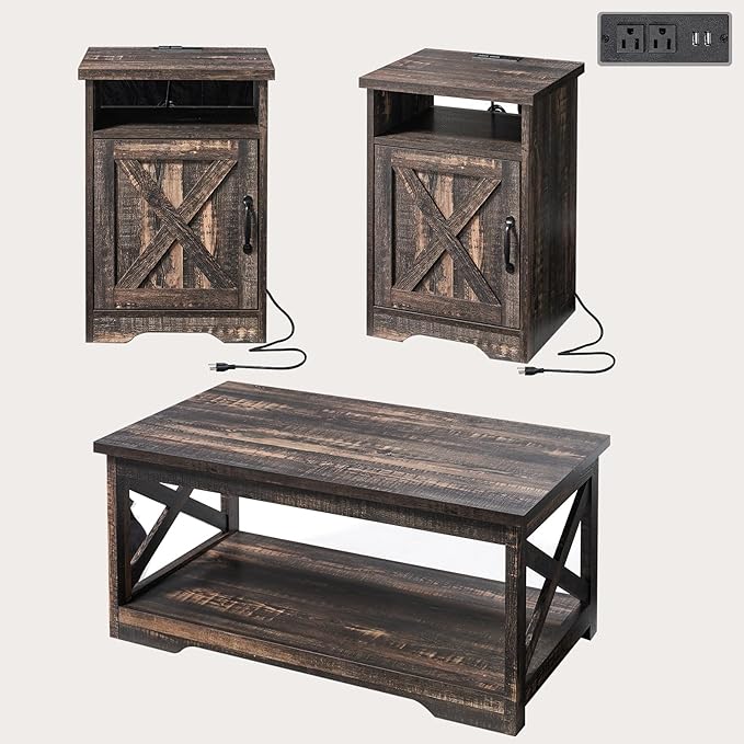 3-Piece Farmhouse Table Set includes Coffee Table& Two End Tables, Side Table