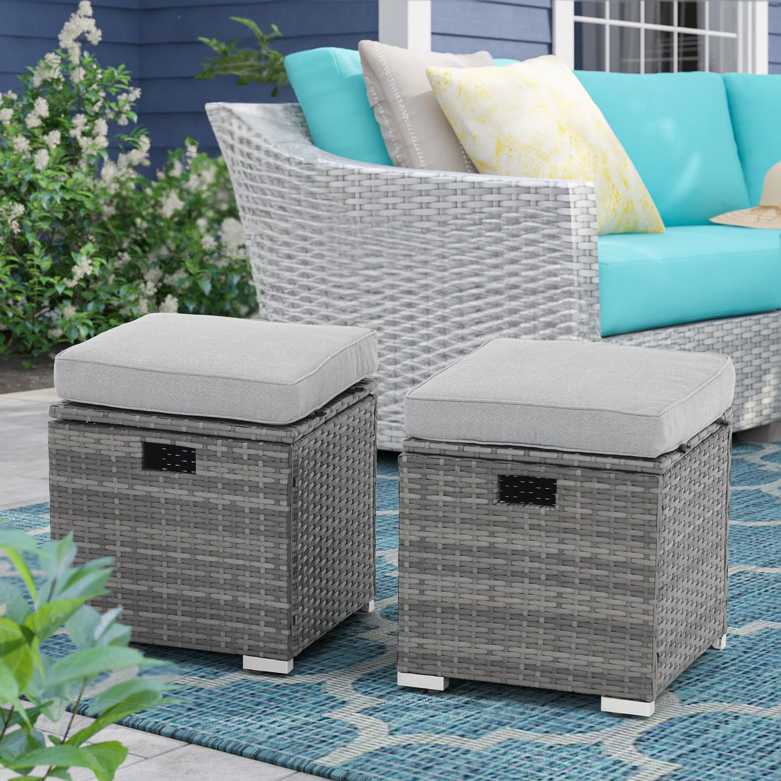 2 Piece Outdoor Patio Ottomans,All-Weather Grey PE Rattan Wicker Ottoman with Storage