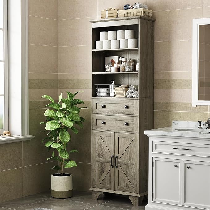 72" Tall Bathroom Storage Cabinet, Farmhouse Storage Cabinet with 2 Drawers