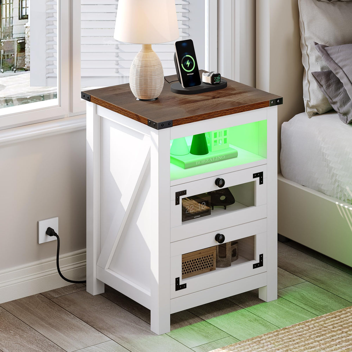 Farmhouse Nightstand with Charging Station, 2 Drawers Night Stand with LED Lights