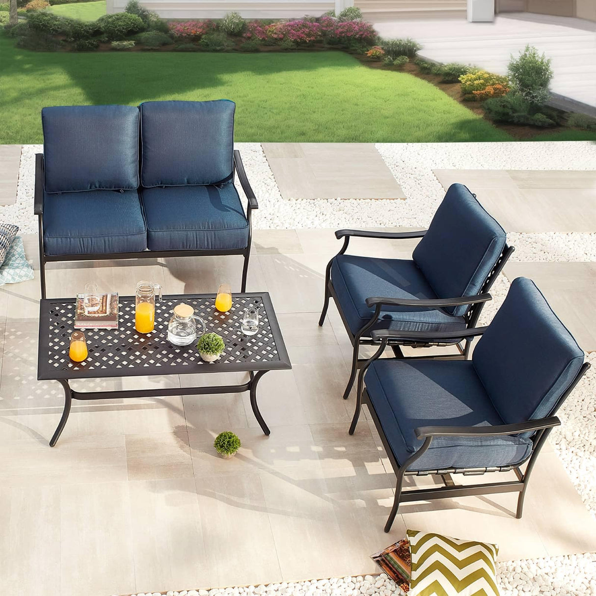 Patio Conversation Set 4 Pieces Cushioned Outdoor Furniture Sets with All Weather Frame
