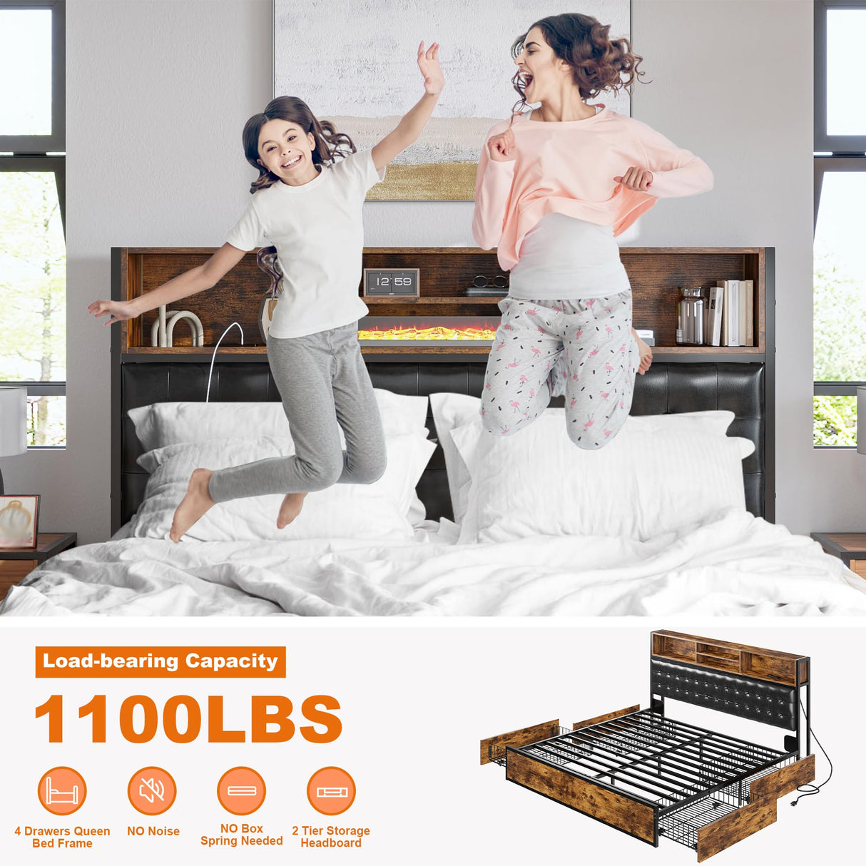 King Size Bed Frame with 4 Storage Drawers and Charging Station