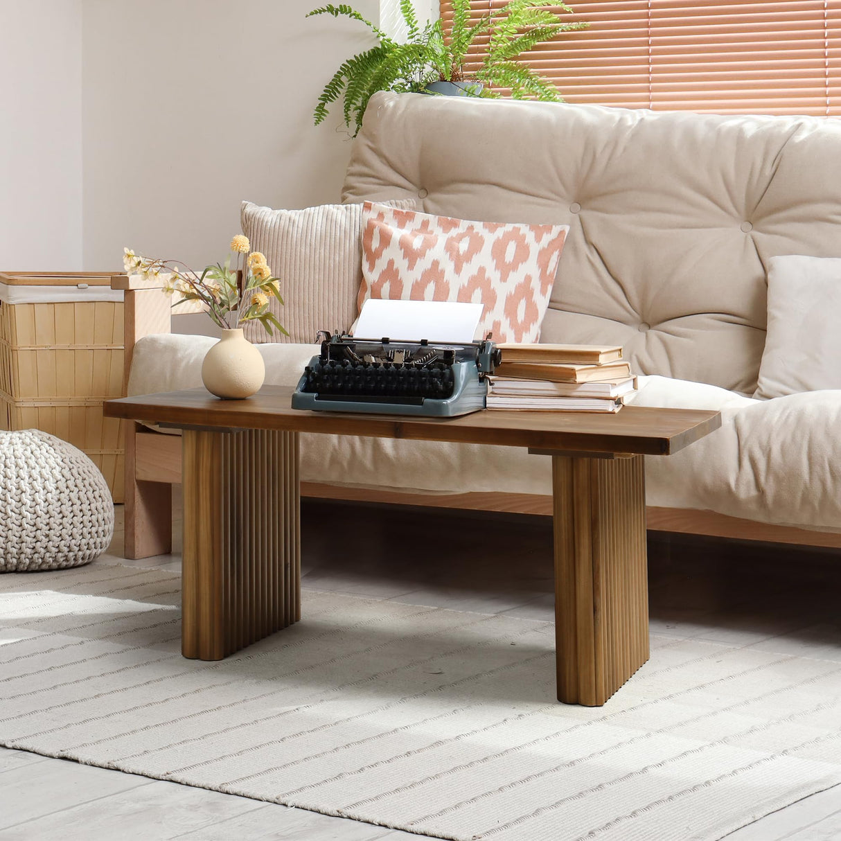 Farmhouse Fluted Coffee Table, Rectangle Solid Wood Living Room Table