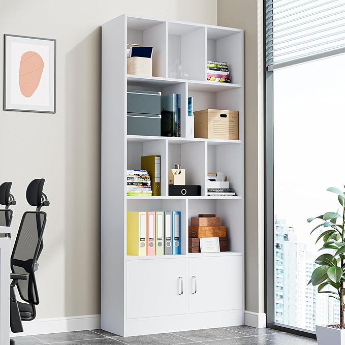 Castle 70" Tall Bookshelf with 12 Cubes and 2 Doors, 4-Tier Open Shelf Bookcase with Cabinet, Modern Cube Storage Organizer for Living Room, and Office, Oak & White