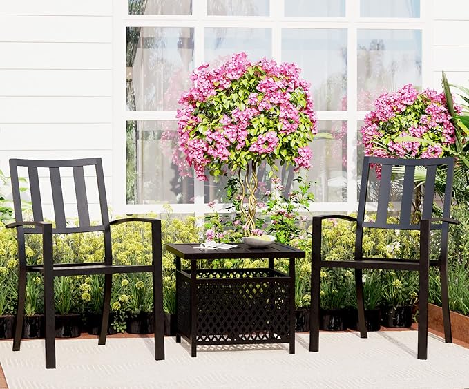 3 Piece Patio Metal Dining Arm Chairs and Umbrella Table Bistro Furniture Set