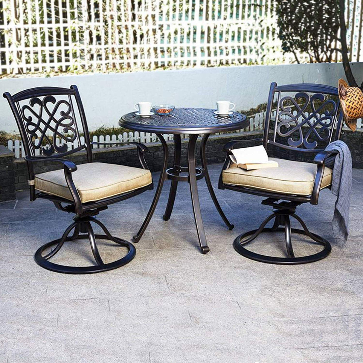 3-Piece Cast Aluminum Bistro Set with Glider Chairs and Dining Table