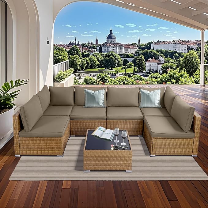 7 Pieces Outdoor Sectional Furniture Set, Patio Wicker Sectional Sofa Couch