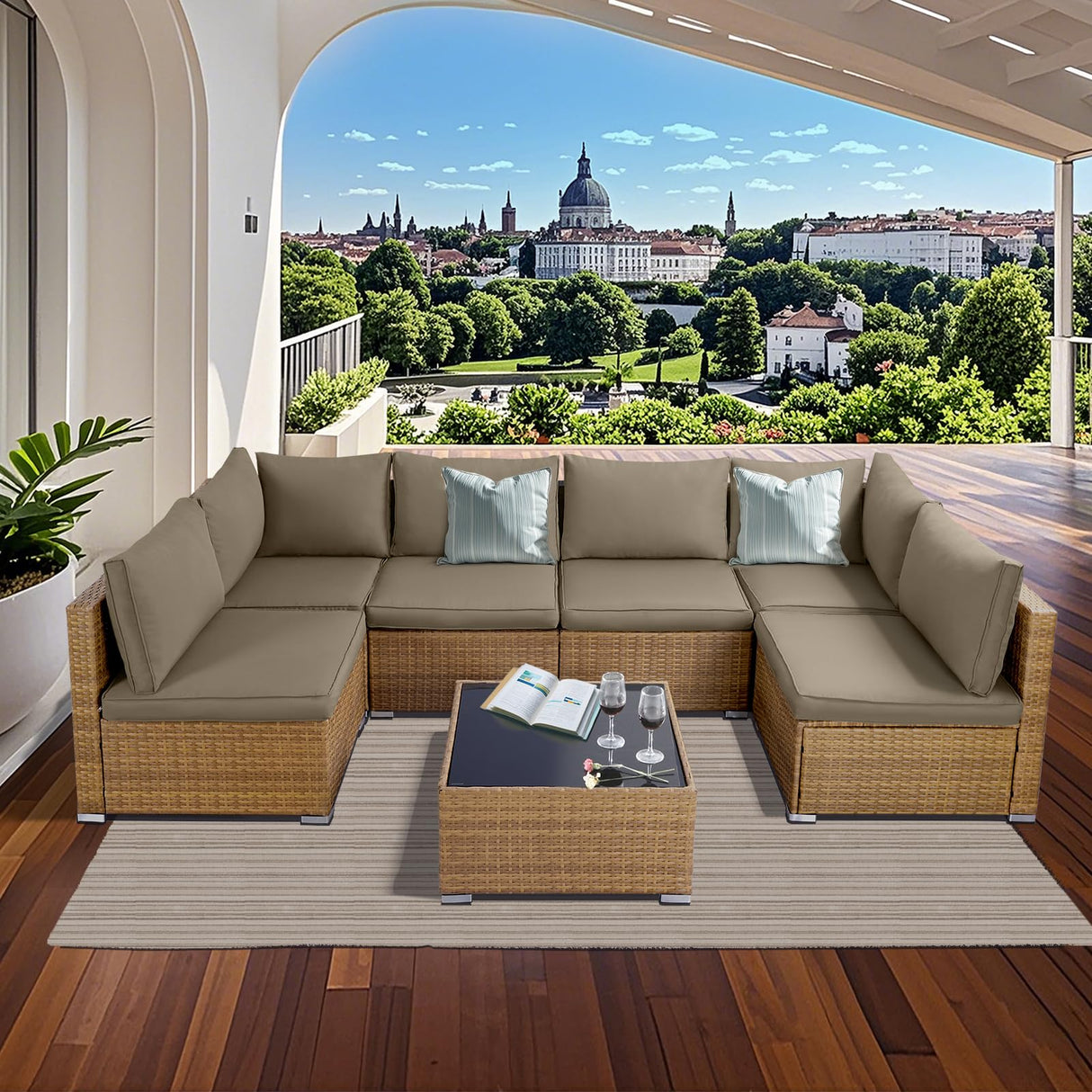 7 Pieces Outdoor Sectional Furniture Set, Patio Wicker Sectional Sofa Couch